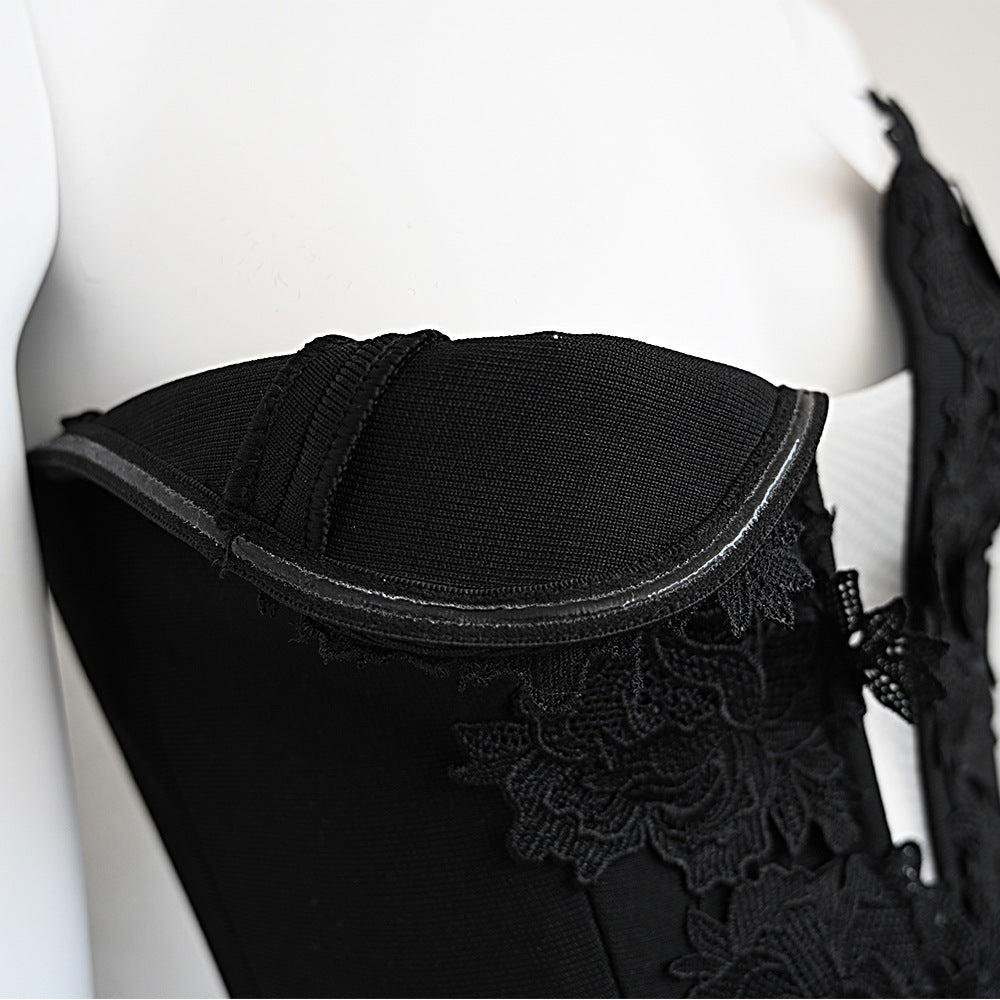 Black chest wrap sexy embroidered lace bandage long skirt 2024 elastic high-end heavy French slit dress