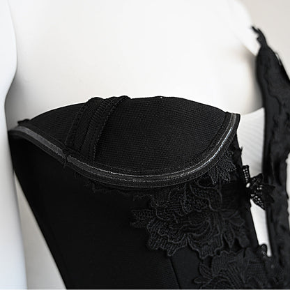 Black chest wrap sexy embroidered lace bandage long skirt 2024 elastic high-end heavy French slit dress