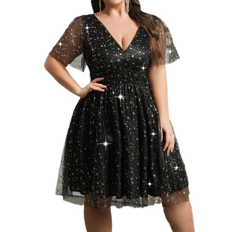 Temperament hot star mesh dress sexy deep V backless banquet evening dress