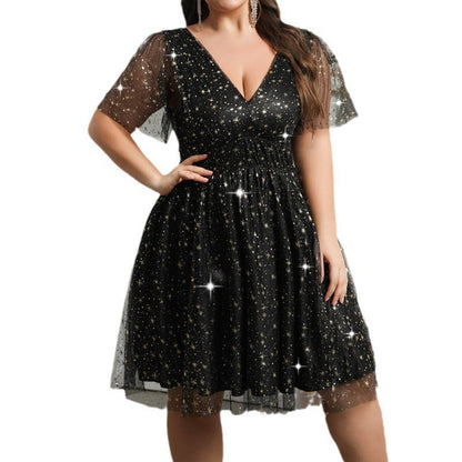 Temperament hot star mesh dress sexy deep V backless banquet evening dress