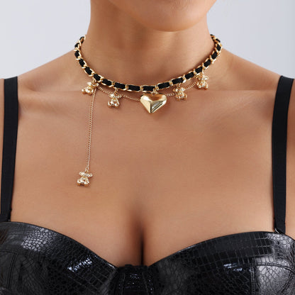 Wrapped velvet bear pendant love necklace for women cold style tassel clavicle chain necklace