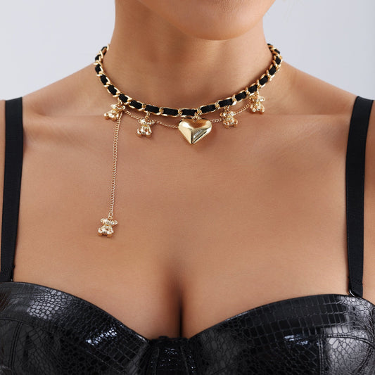 Wrapped velvet bear pendant love necklace for women cold style tassel clavicle chain necklace