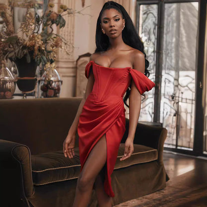 Women's solid color suspender sexy slit dress
