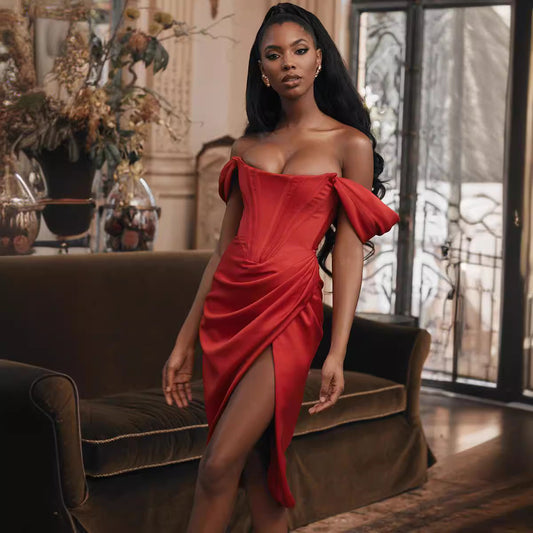 Women's solid color suspender sexy slit dress
