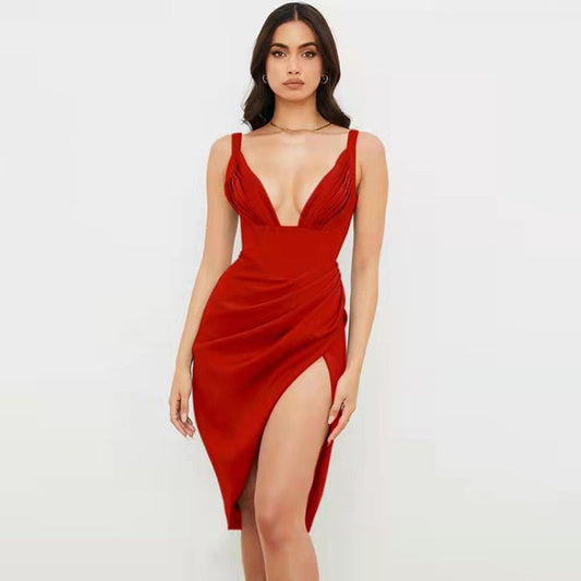 Women's solid color suspender sexy slit dress