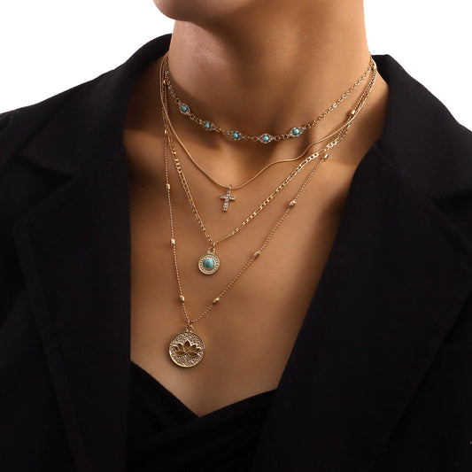 Multi-layer eyelet chain hollow flower diamond cross pendant necklace