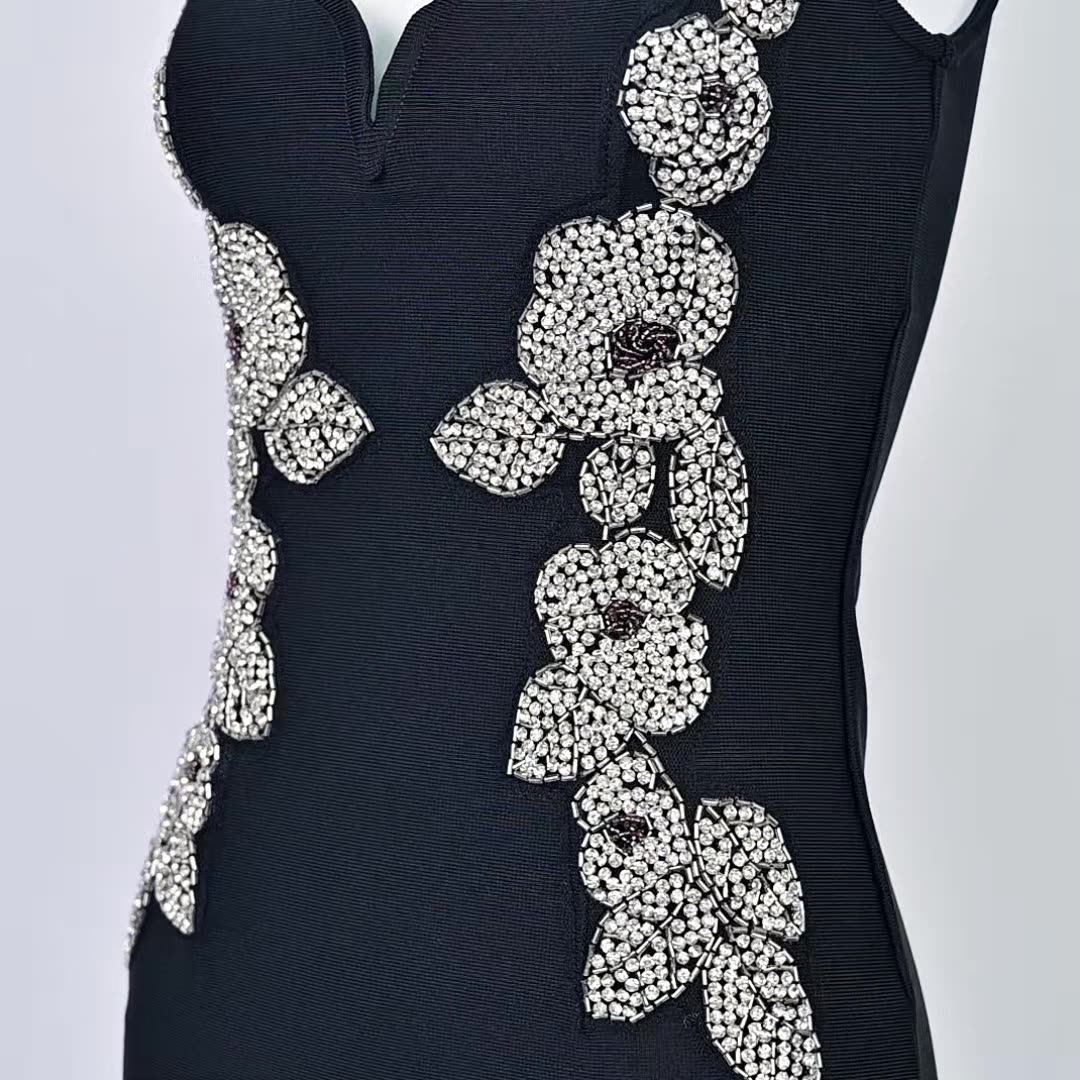 2024 heavy diamond flower bandage dress black dress bandage slim nightclub dress