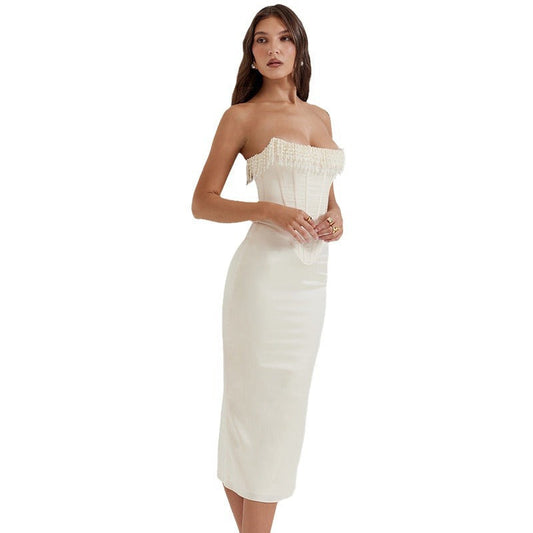 Sexy Solid Color Sleeveless Off Shoulder Pearl Fishbone Dress