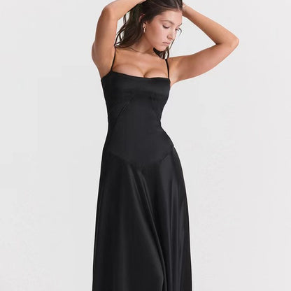 Sexy solid color sleeveless suspender body shaping backless long dress