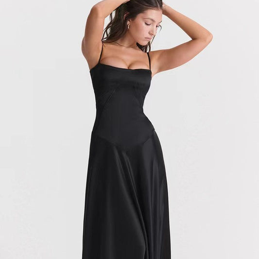 Sexy solid color sleeveless suspender body shaping backless long dress