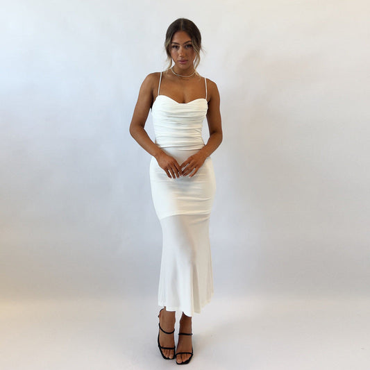 Sexy high waist suspender dress new summer style temperament slim fit long sleeveless milk silk skirt
