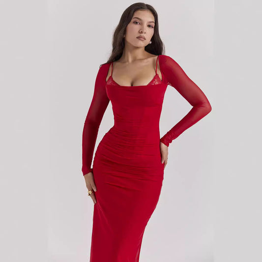 Sexy solid color long sleeve backless mesh slit fishbone slim dress dance dress