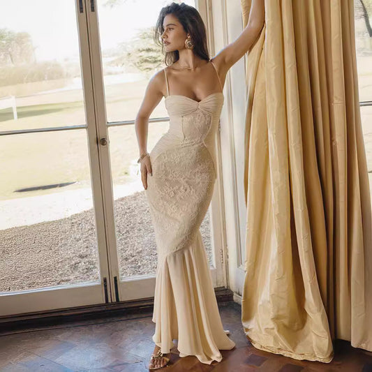 Sexy halter backless mesh embroidery dress