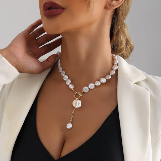 Simple single layer baroque imitation flat pearl necklace necklace cold style tassel sweater chain