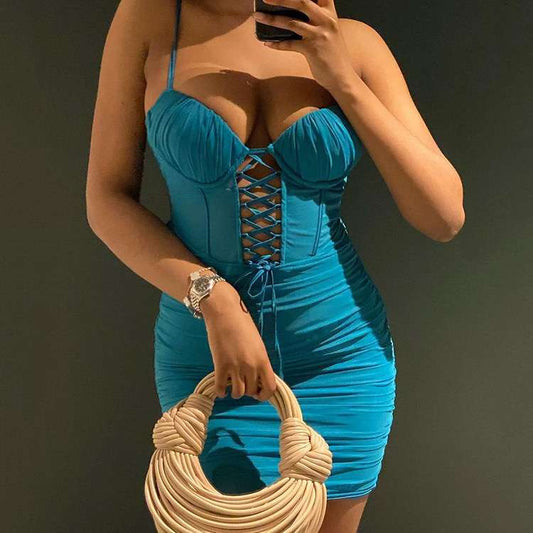 Sleeveless halter backless hollow lace tube top evening dress
