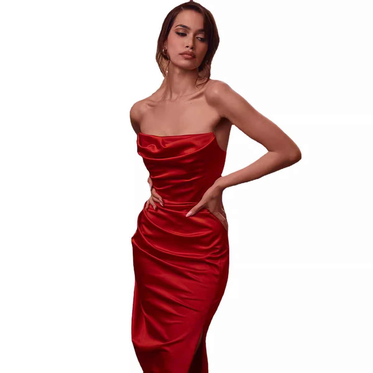 Strapless Sleeveless Solid Color Slit Dress