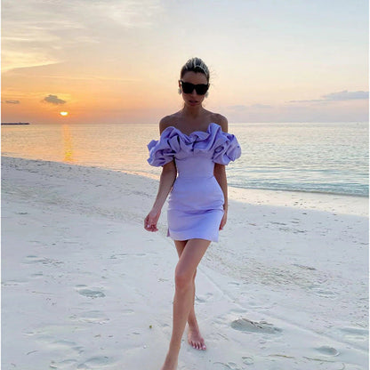 Solid color tube top off shoulder ruffled dress