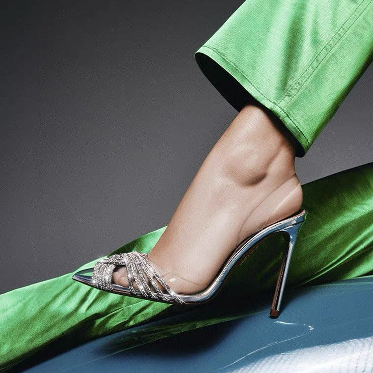 New style high-heeled sandals with rhinestones for women, stilettos, pointed toes, transparent high heels