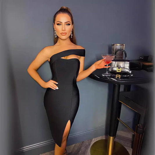 2024 one-shoulder oblique hollow irregular bandage dress Party sexy nightclub slim women's clothing