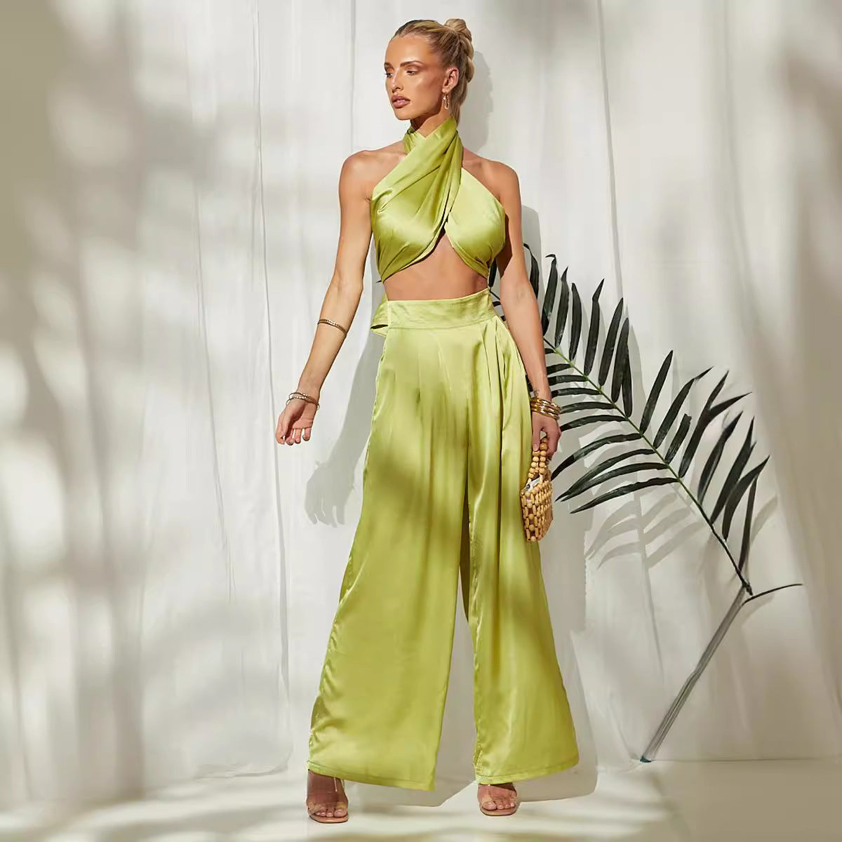 Solid color tube top wide leg pants suit