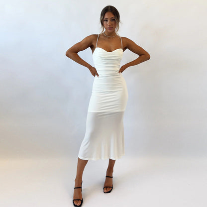 Sexy high waist suspender dress new summer style temperament slim fit long sleeveless milk silk skirt