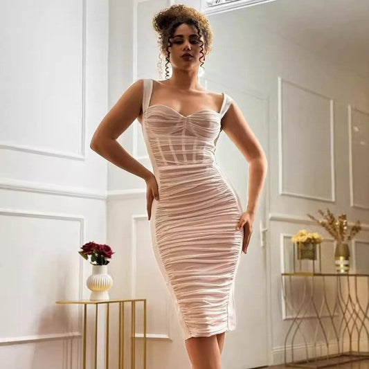Pleated mesh white French sexy dress women's bandage dress slim hip long skirt