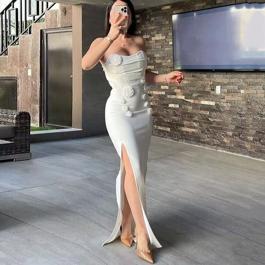 European and American tube top three-dimensional flower white bandage dress mesh sexy bow slim dress