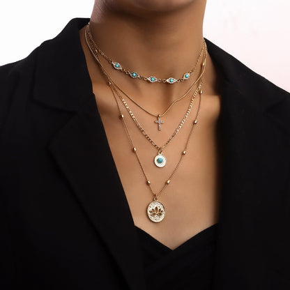 Multi-layer eyelet chain hollow flower diamond cross pendant necklace