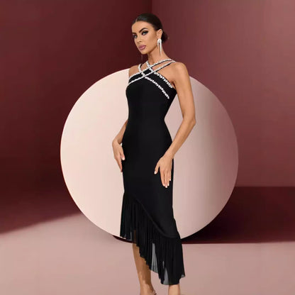 European and American heavy industry diamond-studded sexy bandage evening dress irregular ruffled hip-wrapped hot girl dress stretch women's clothing