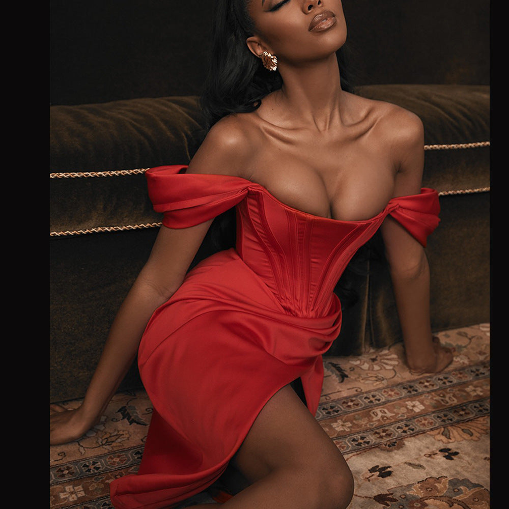 Women's solid color suspender sexy slit dress