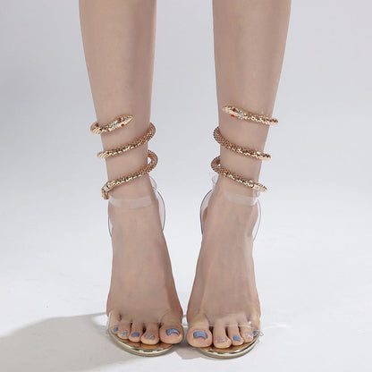 Rhinestones  spot snake-shaped winding transparent one-strap large size high heels