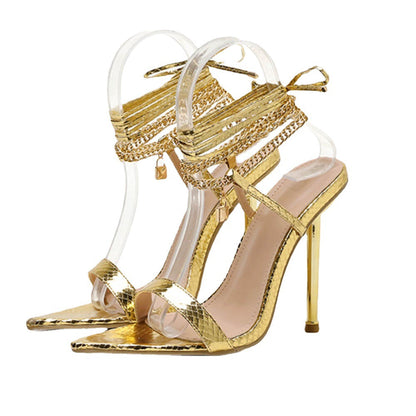 Pointed open toe stiletto sexy chain strap Roman summer sandals high heels