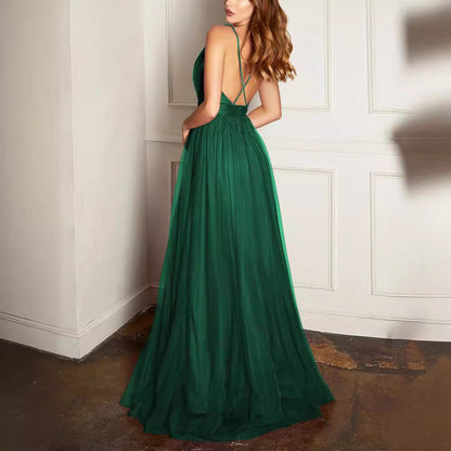 V-neck sleeveless mesh slit backless dress for party banquet