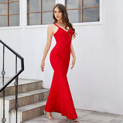 2024 High-end Red Suspender Dress Bandage Tight Long Dress High-end Hip Dress Wedding Party Evening Dress