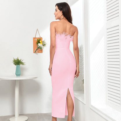 Feather wrapped chest pink bandage dress skirt low-cut sexy tight summer high-end cocktail dress