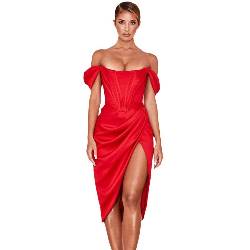 Women's solid color suspender sexy slit dress