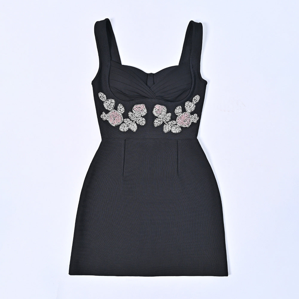 2024 Autumn and Winter Heavy Diamond Black Bandage Evening Dress Suspender Flower Luxury Hip Dress Elastic Slim Fit