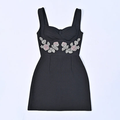 2024 Autumn and Winter Heavy Diamond Black Bandage Evening Dress Suspender Flower Luxury Hip Dress Elastic Slim Fit
