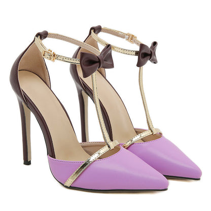 Hollow shallow mouth  sweet bow stiletto T-strap pointed high heels
