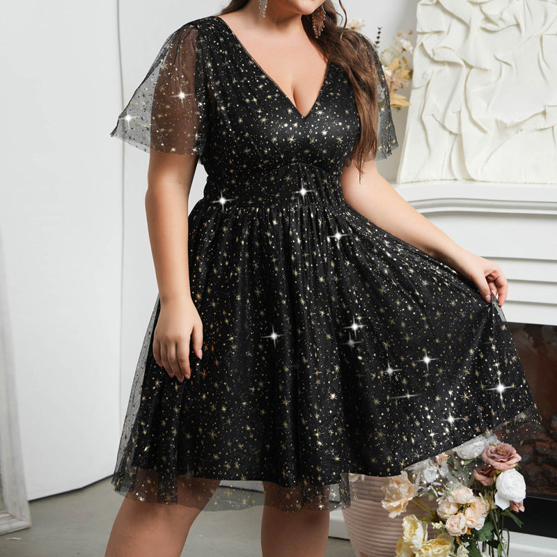 Temperament hot star mesh dress sexy deep V backless banquet evening dress