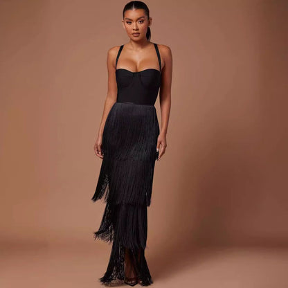 Black suspender tassel bandage long dress high-end heavy-duty women's elastic knitted sexy dress large size