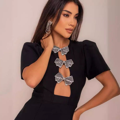 Heavy diamond inlaid black hollow flower bandage short-sleeved dress hollow sexy hot girl women's clothing