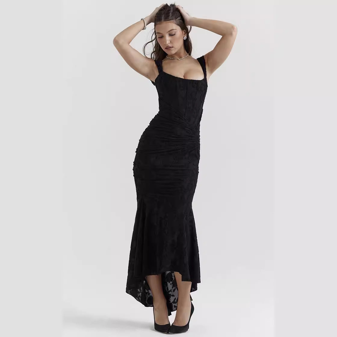 Women's solid color suspender sexy slit dress