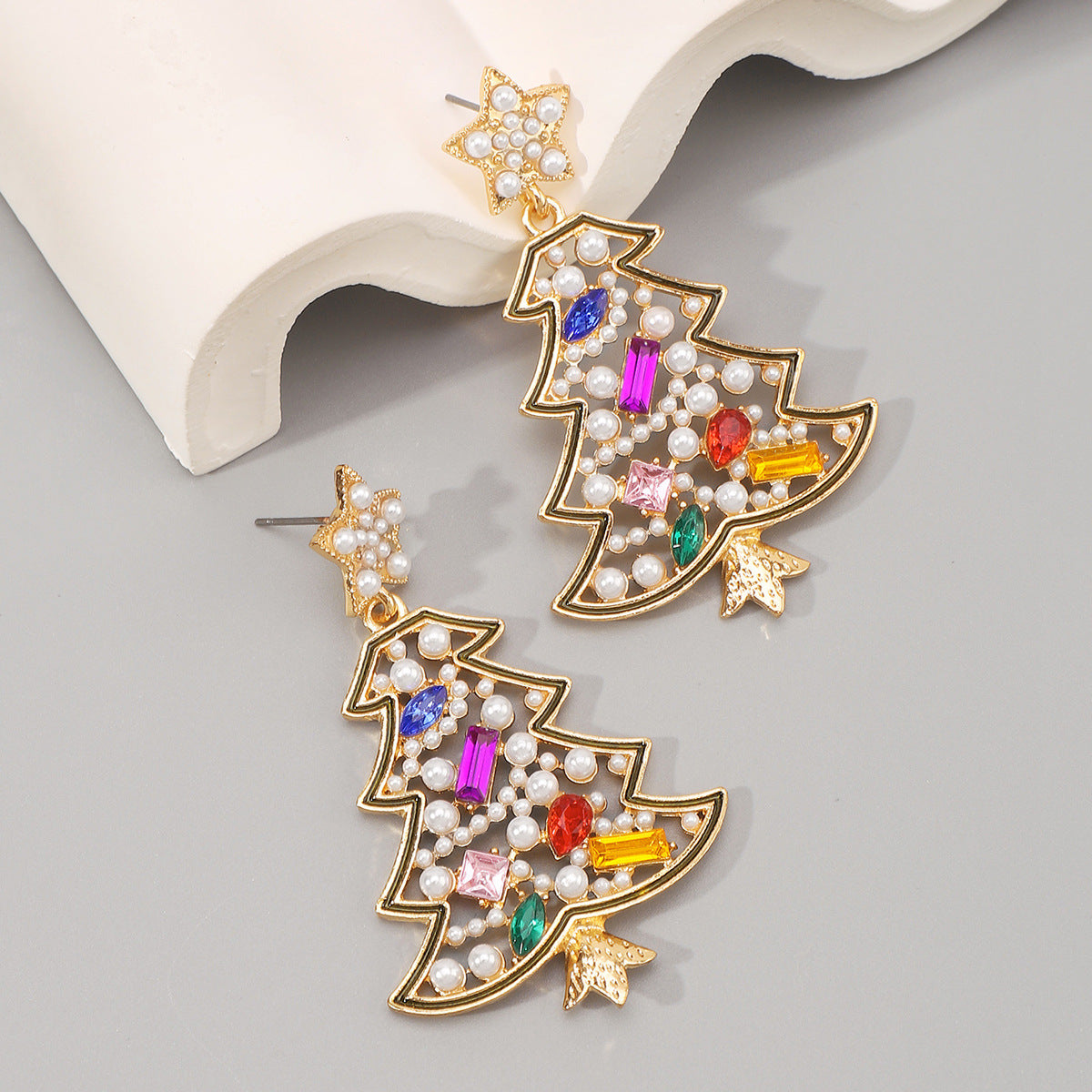 Diamond and pearl Christmas tree star earrings