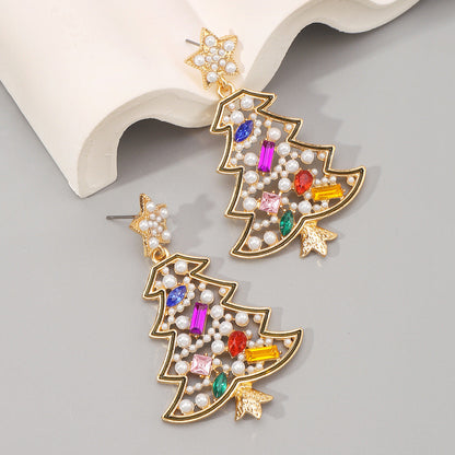 Diamond and pearl Christmas tree star earrings