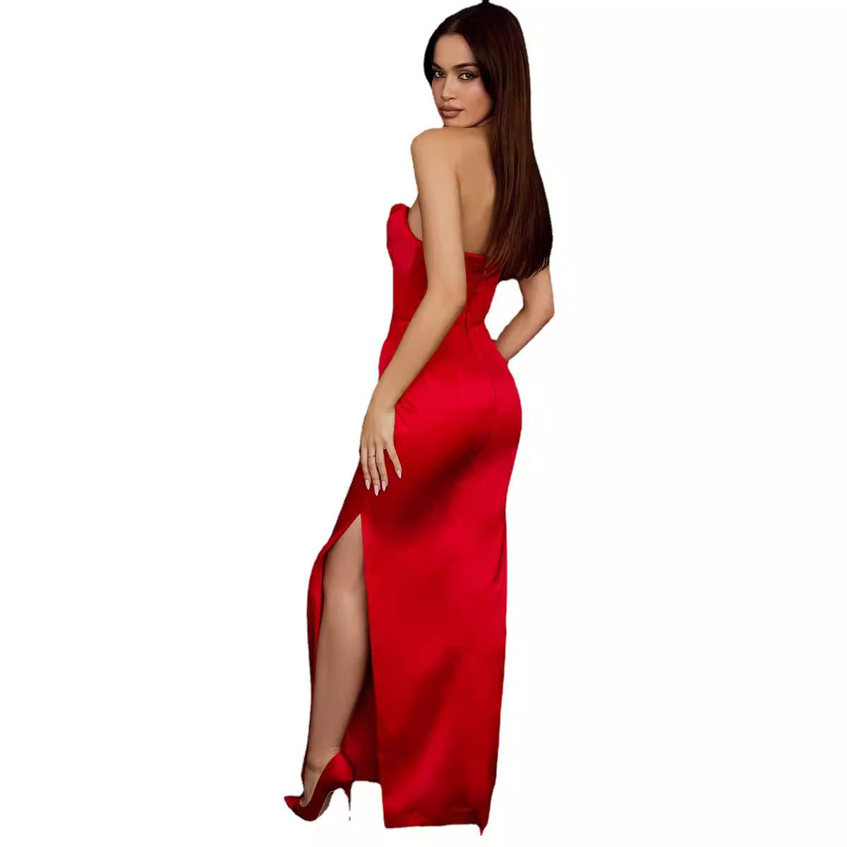 Strapless Sleeveless Solid Color Slit Dress