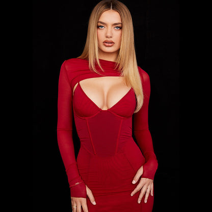 Burgundy dress slim sexy bandage dress hollow hip women's knitted wrapped chest mesh evening dress