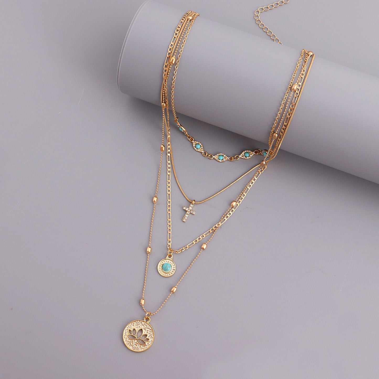 Multi-layer eyelet chain hollow flower diamond cross pendant necklace