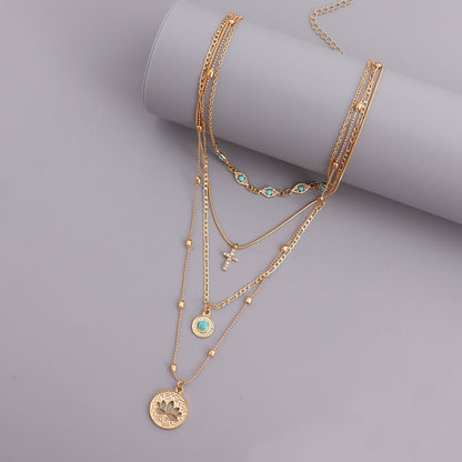 Multi-layer eyelet chain hollow flower diamond cross pendant necklace