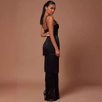Black suspender tassel bandage long dress high-end heavy-duty women's elastic knitted sexy dress large size